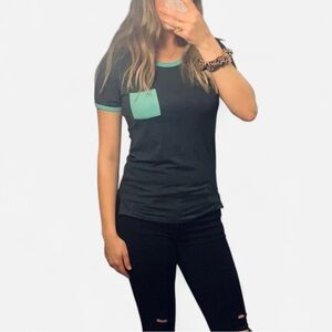 Cute Charcoal Gray and Mint Green Ringer Baseball Short Sleeve Tee, Size Medium